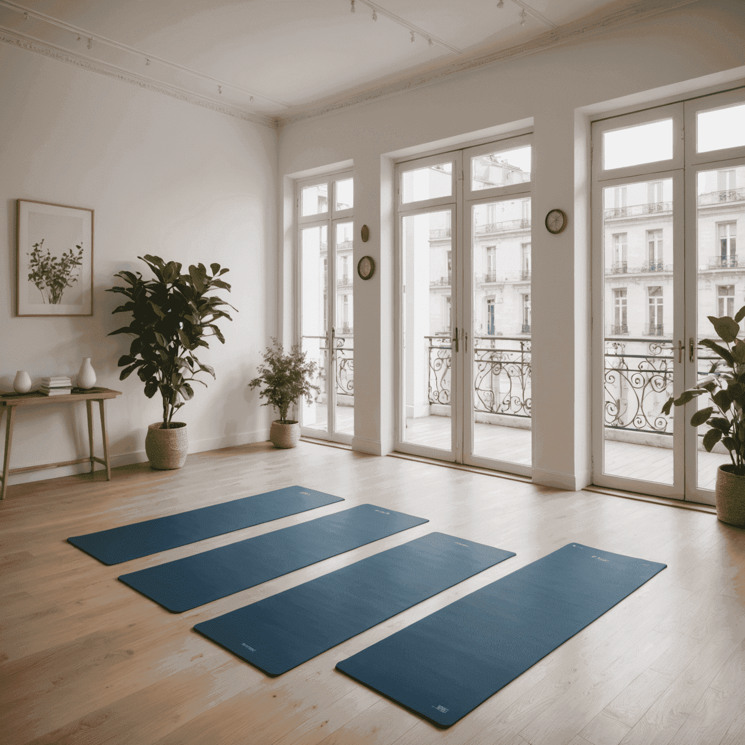 A serene yoga studio with large windows overlooking a Parisian street. Soft natural light illuminates the wooden floors and white walls. Yoga mats are neatly arranged, and plants are placed around the room to create a calm, natural atmosphere.