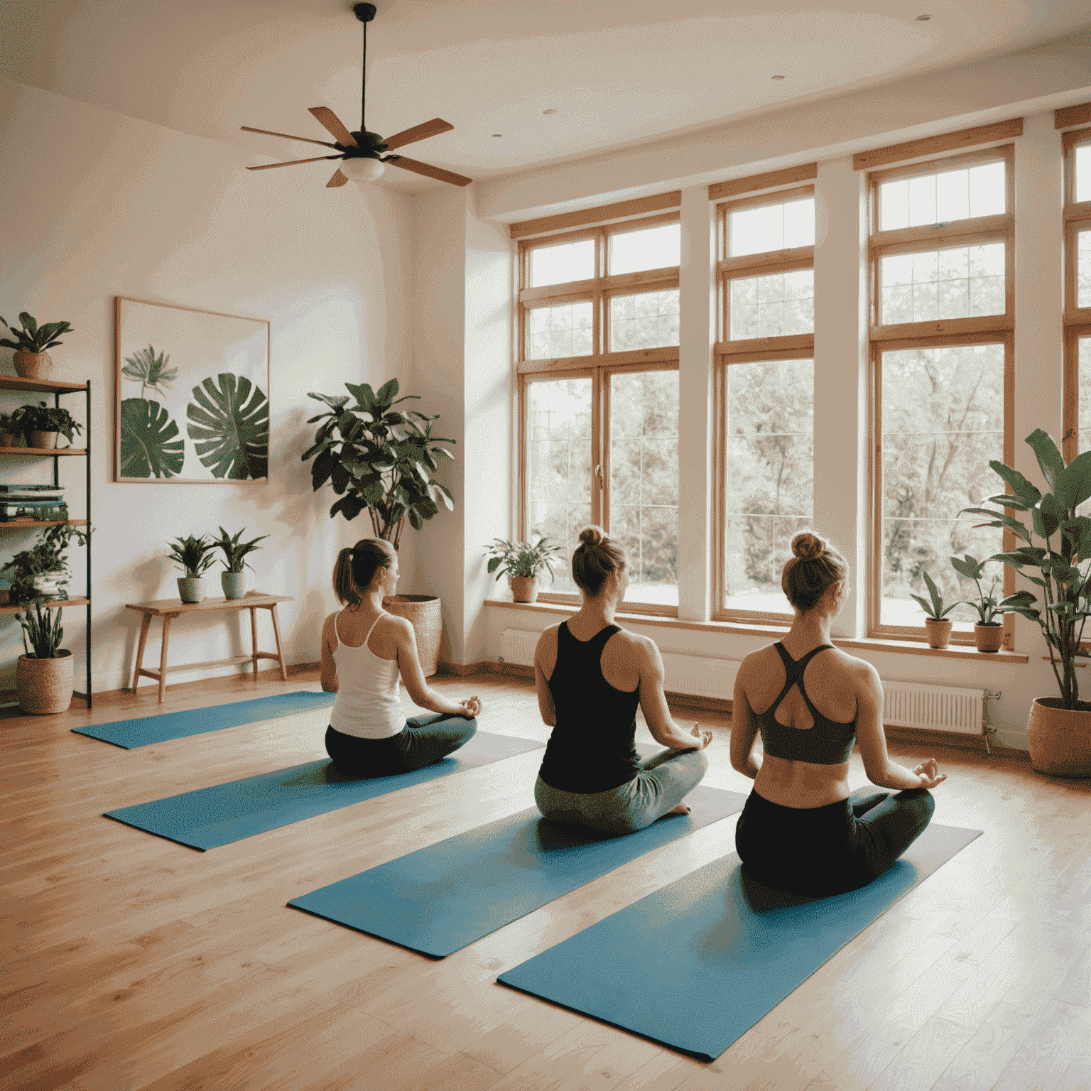 A serene yoga studio with soft natural light, wooden floors, and plants. People are practicing yoga in various poses.