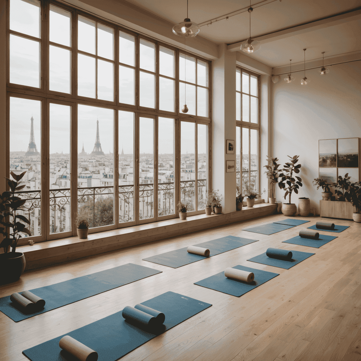 A serene yoga studio in Paris with large windows overlooking the city, filled with practitioners trying new yoga poses