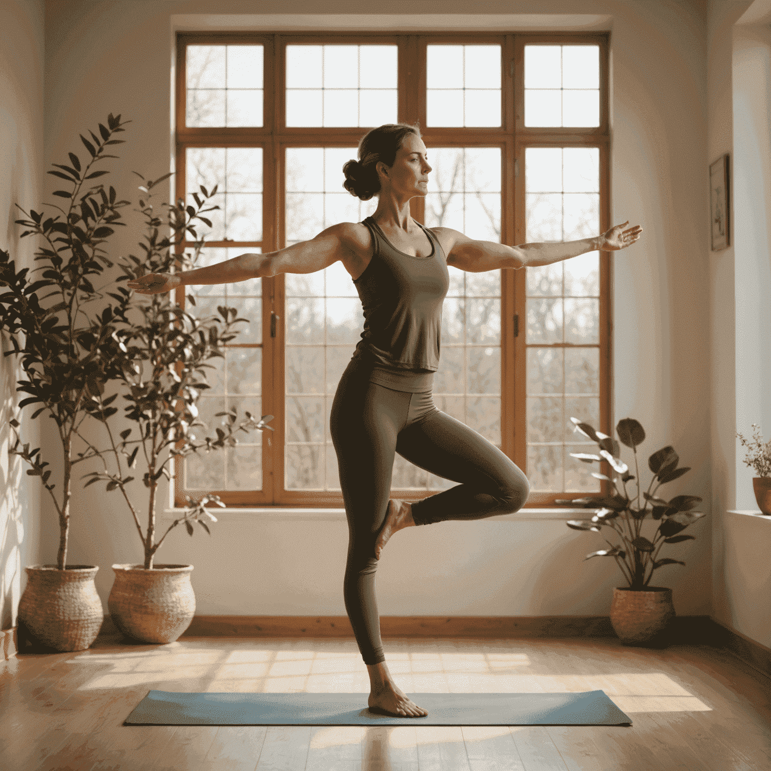 Yoga instructor Sophie Dubois in a peaceful tree pose, wearing flowing earth-toned clothing, surrounded by natural light in a minimalist studio setting
