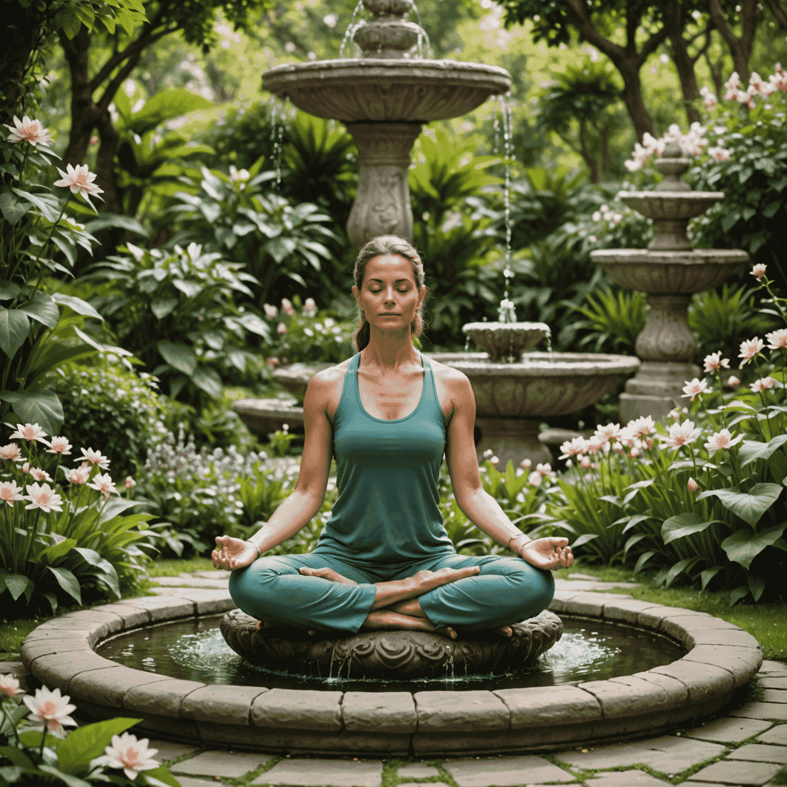 A serene yoga practitioner meditating in a lush garden, surrounded by blooming flowers and a small fountain, embodying balance and tranquility