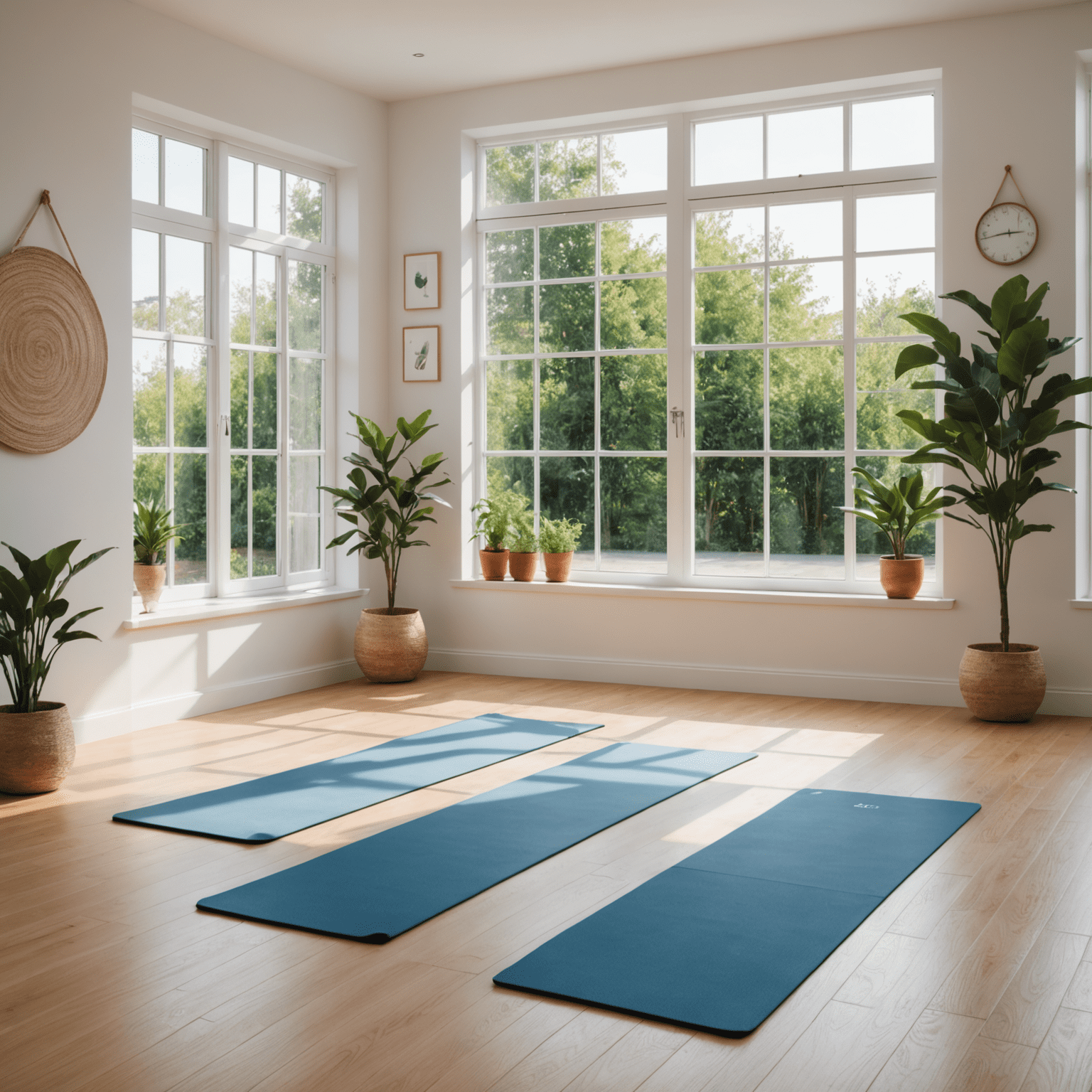 A serene yoga studio with soft natural light filtering through large windows, showing a spacious room with wooden floors and white walls. Several yoga mats are neatly arranged, and potted plants add a touch of nature to the calm atmosphere.