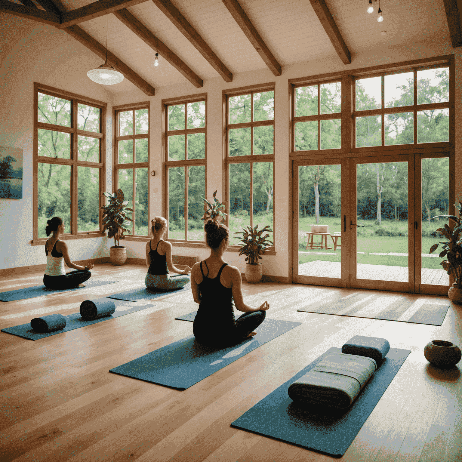A serene yoga studio with soft natural light, wooden floors, and a group of diverse individuals practicing various yoga poses on mats. The room has large windows overlooking a peaceful garden.