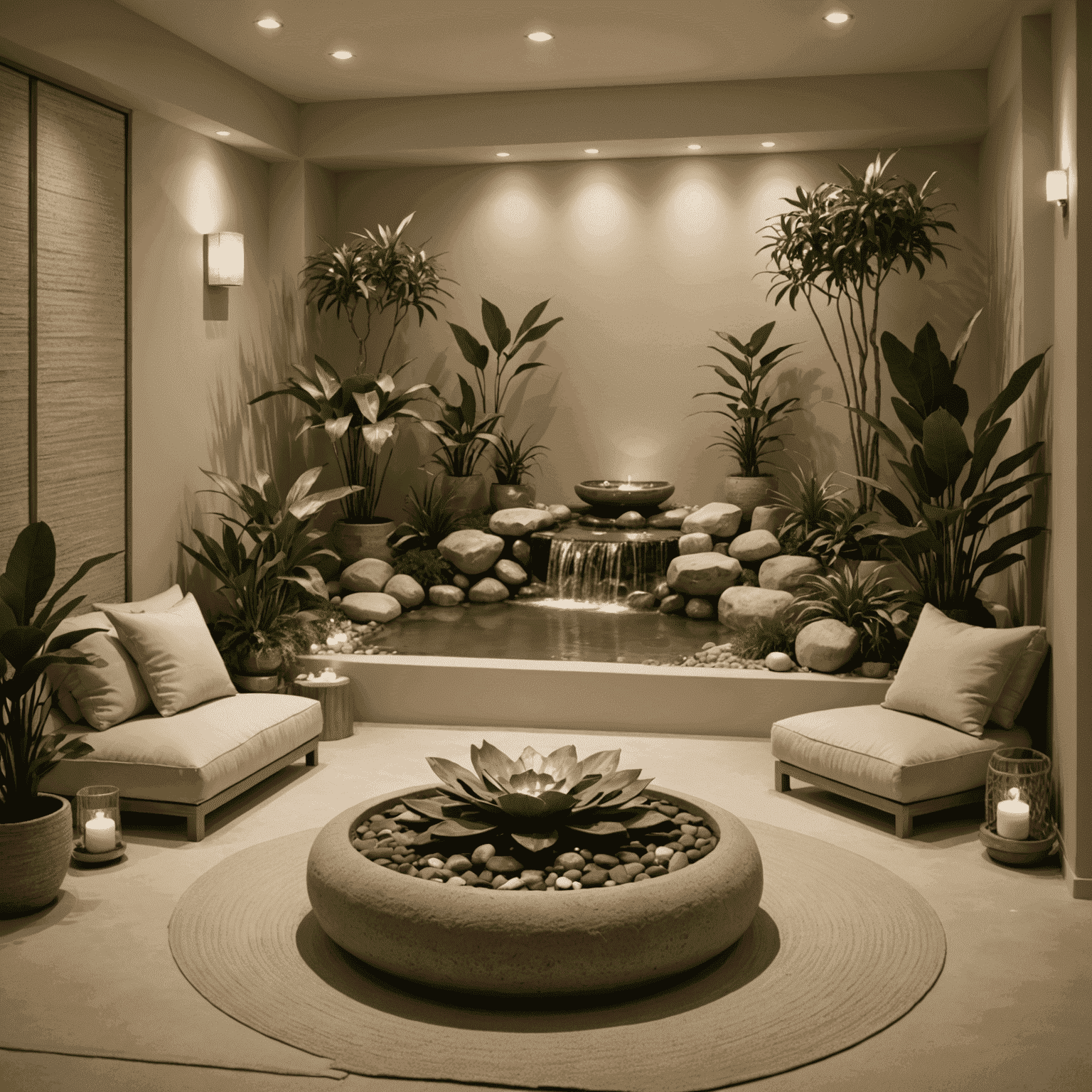 A serene meditation room with soft lighting, comfortable cushions, and natural elements like plants and a small water feature. The room has a calming atmosphere with muted tones of beige and sage green.