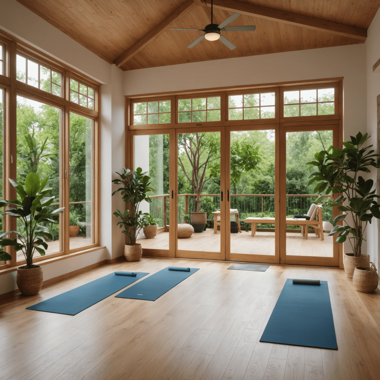 A serene yoga studio with natural light, wooden floors, and a single yoga mat in the center. The room is decorated with plants and has large windows overlooking a peaceful garden.
