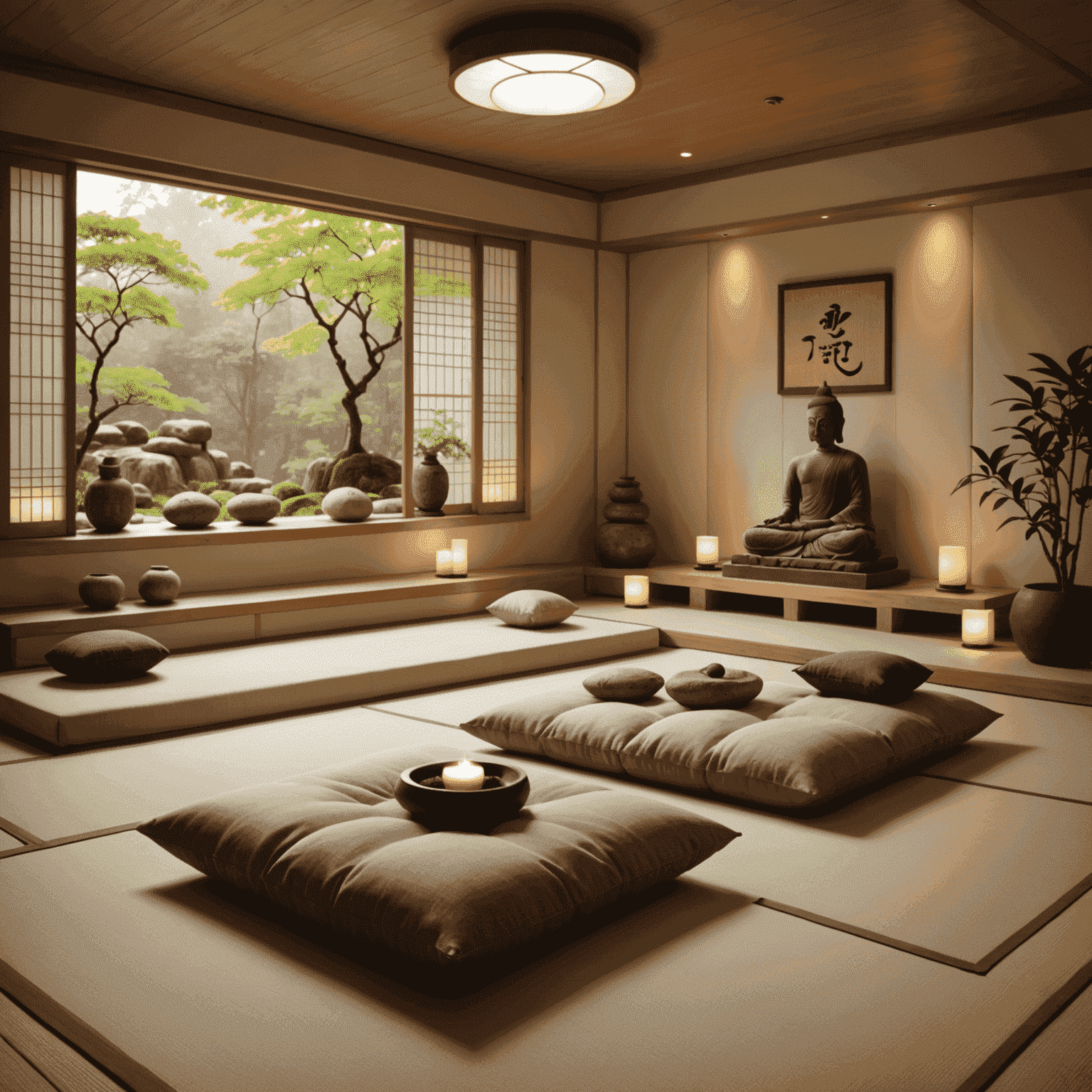 A peaceful meditation room with cushions, soft lighting, and a view of a zen garden.