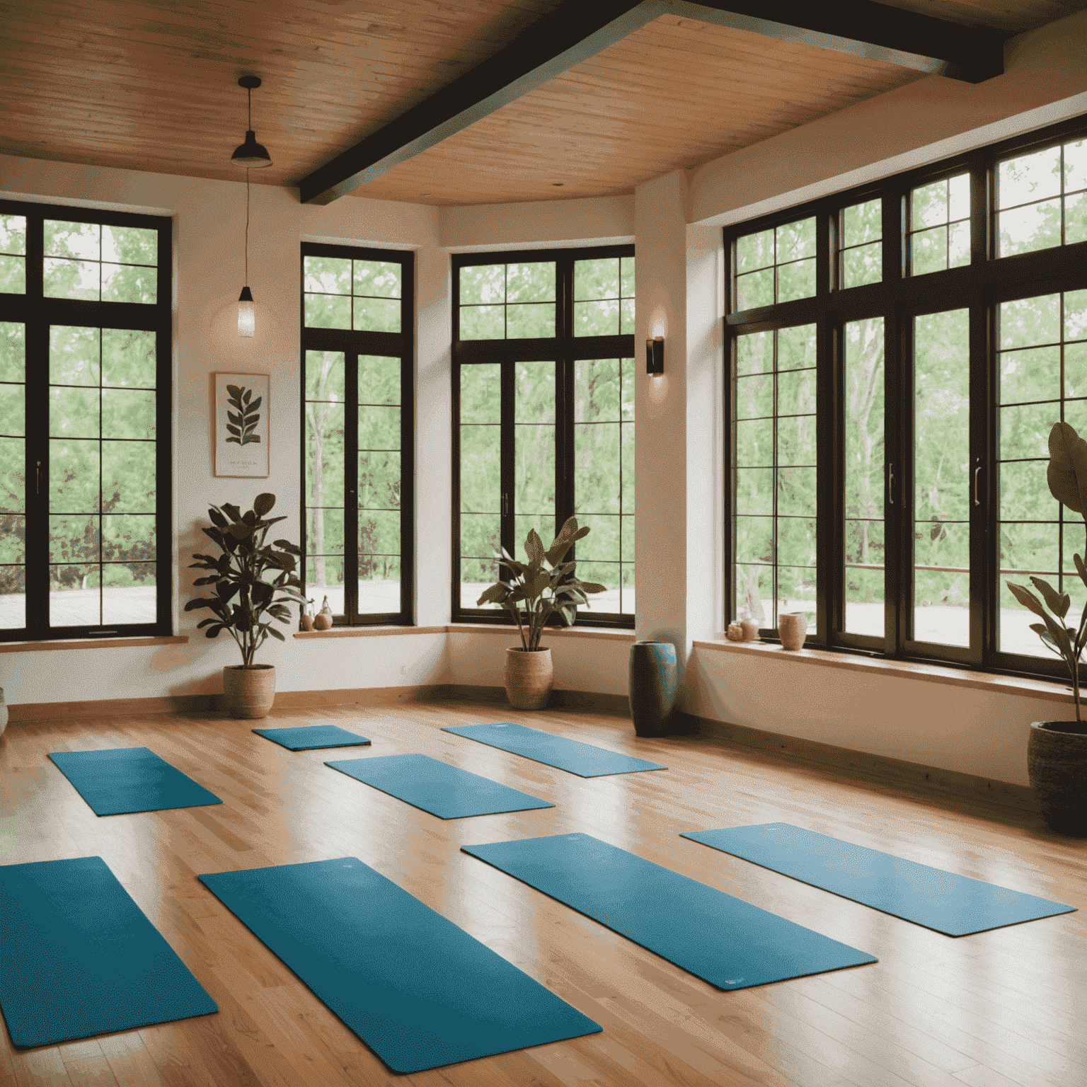 A serene yoga studio with natural light, wooden floors, and people practicing various yoga poses on mats. The atmosphere is calm and inviting.