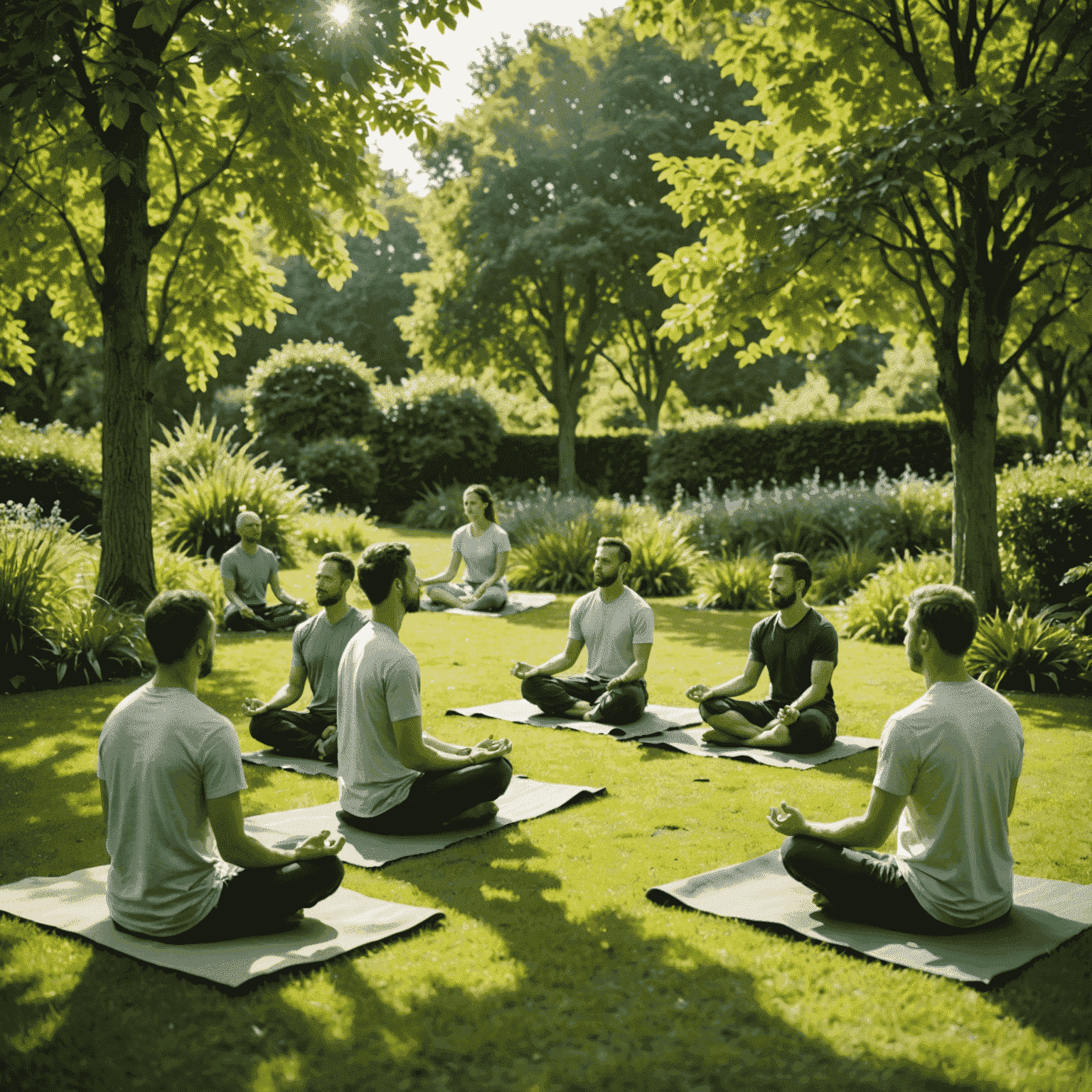 A group of people meditating in a peaceful garden setting. The scene shows individuals sitting comfortably on mats, surrounded by lush greenery and gentle sunlight filtering through trees.