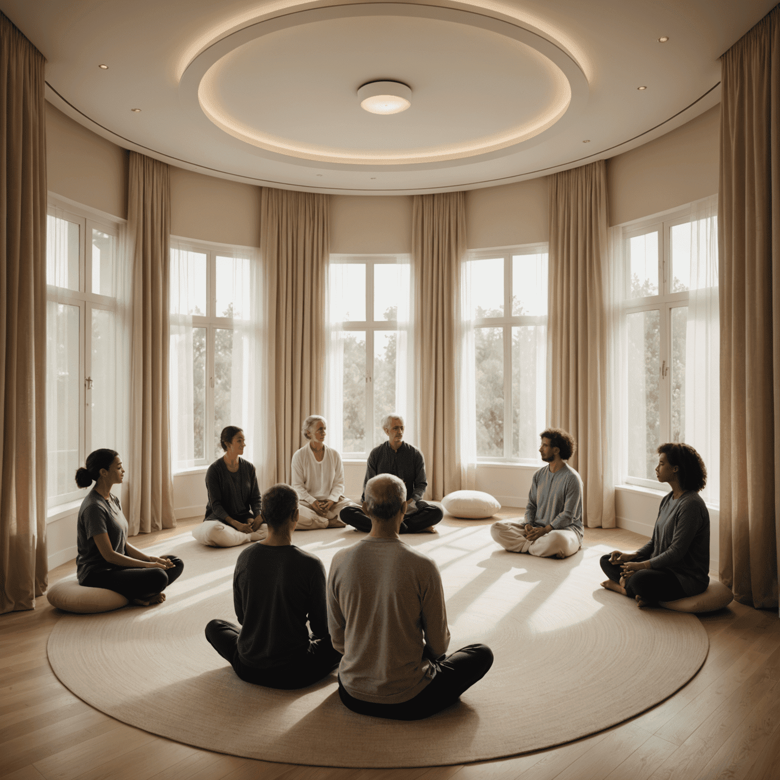 A tranquil meditation room with cushions arranged in a circle. Soft, diffused light filters through sheer curtains, and participants are engaged in a guided visualization exercise led by a serene instructor.