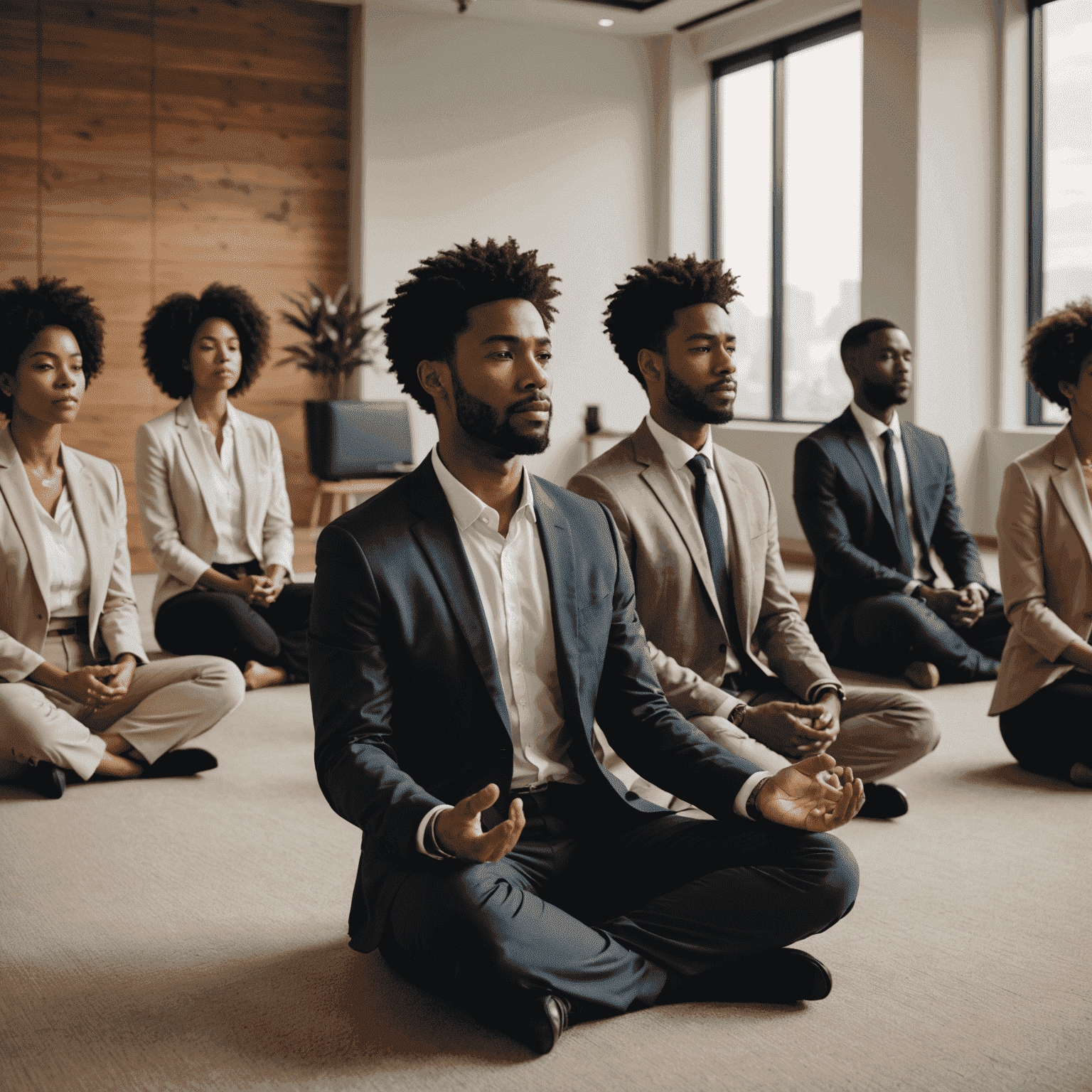 A group of diverse employees in business attire practicing a guided meditation in a modern, minimalist conference room with soft lighting.