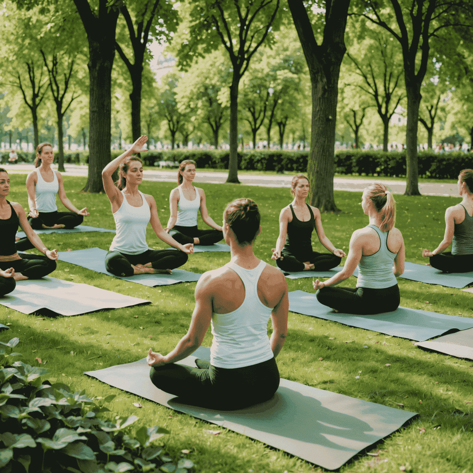 A group yoga session in a Parisian park, with participants using eco-friendly yoga mats surrounded by lush greenery