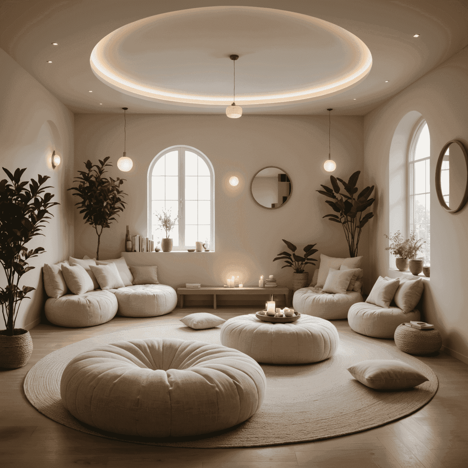 A peaceful meditation room with cushions arranged in a circle, soft lighting, and minimalist decor. The space exudes tranquility and mindfulness.