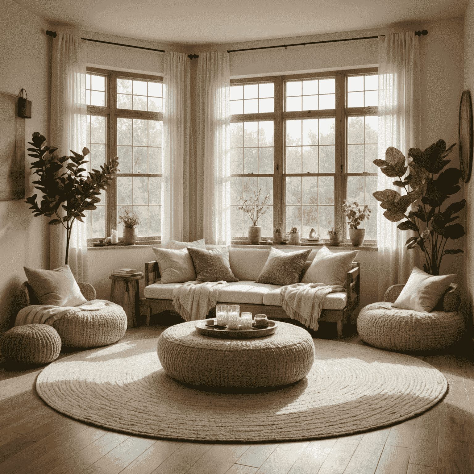 A small group meditation session in a cozy corner of the studio. Soft cushions are arranged in a circle, and gentle natural light filters through sheer curtains.