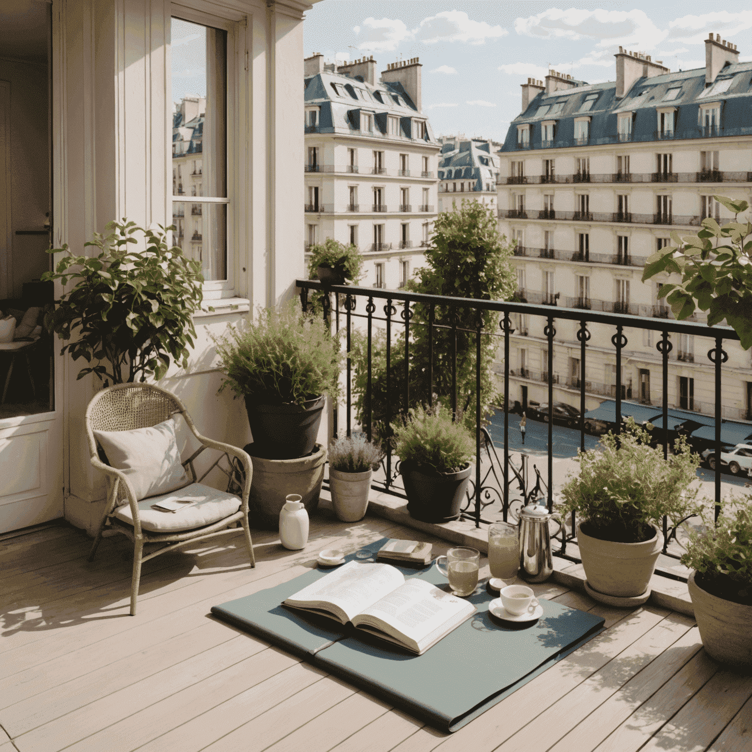 A serene Parisian balcony setting with yoga mat, herbal tea, and wellness journal, overlooking the city