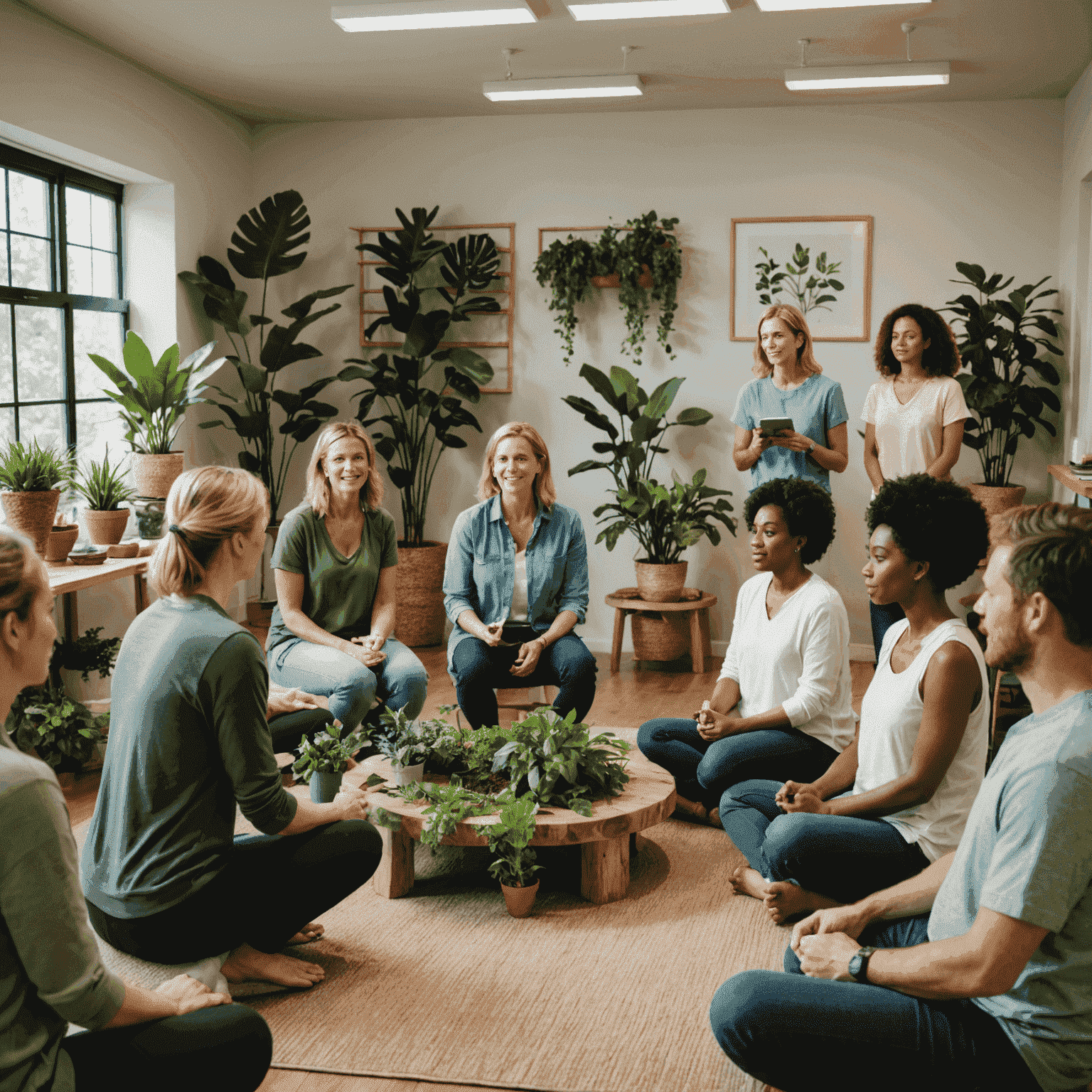A group of people participating in a wellness workshop, with a presenter at the front. The room is filled with plants and natural elements, creating a holistic atmosphere.