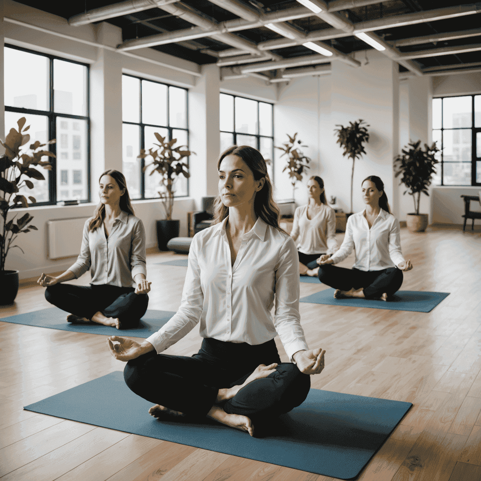 A modern office space transformed into a yoga area, with employees in business attire practicing yoga and meditation. The scene represents the integration of wellness into the workplace.